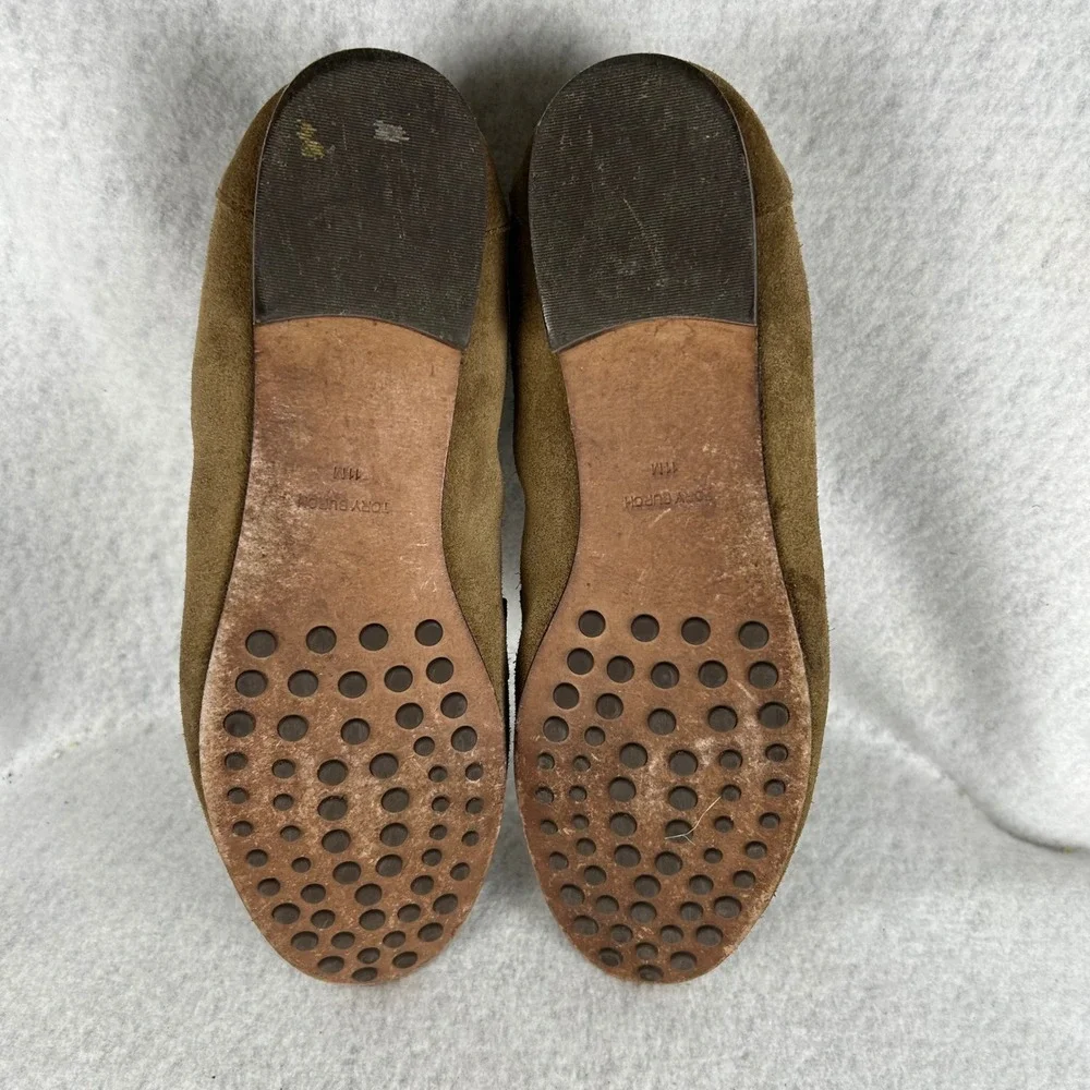 Tory Burch Loafers Womens Size 11M Tan Brown Suede Double T Logo Penny Shoes